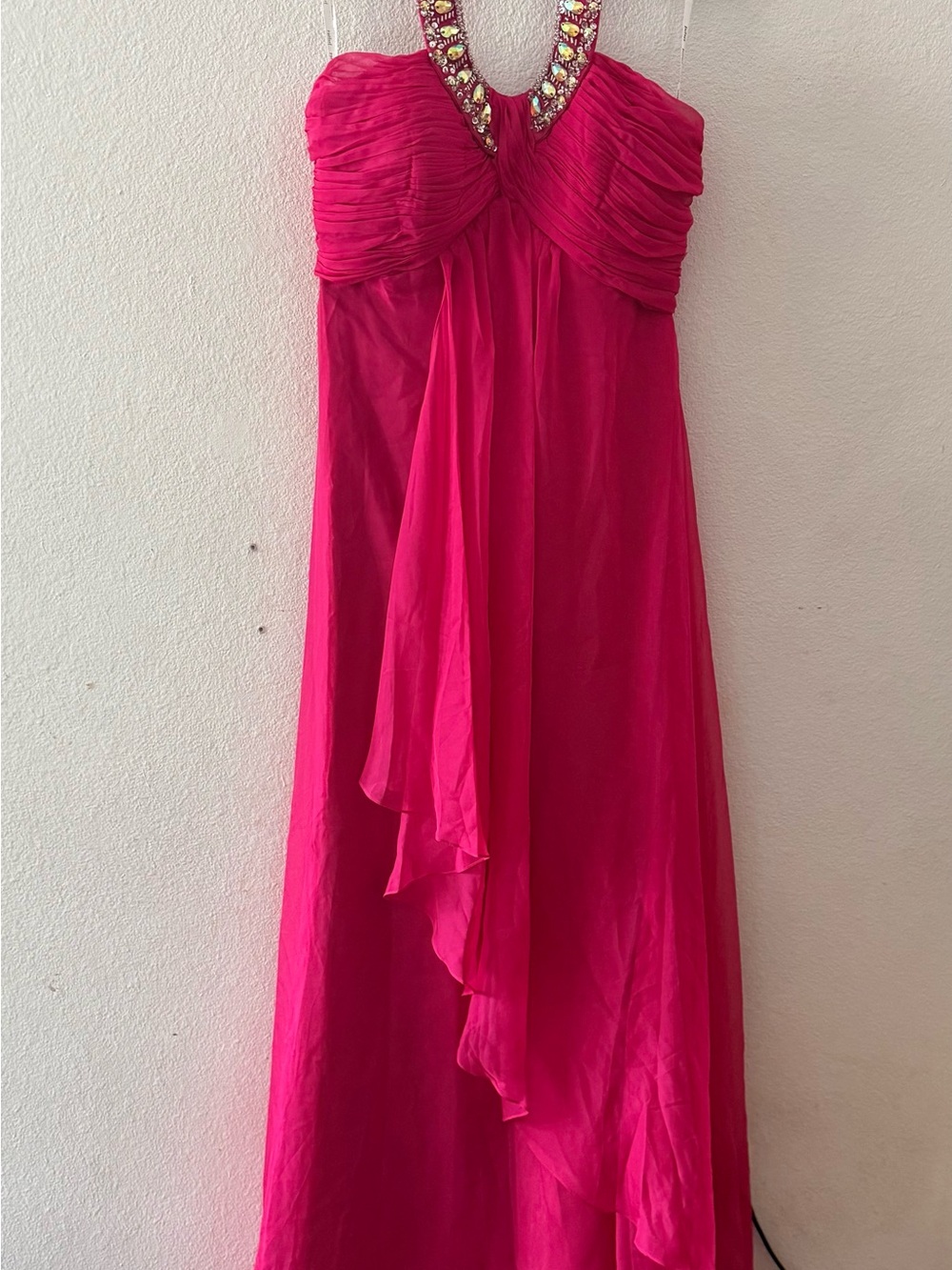 Fuchsia Beaded Halter Prom Dress